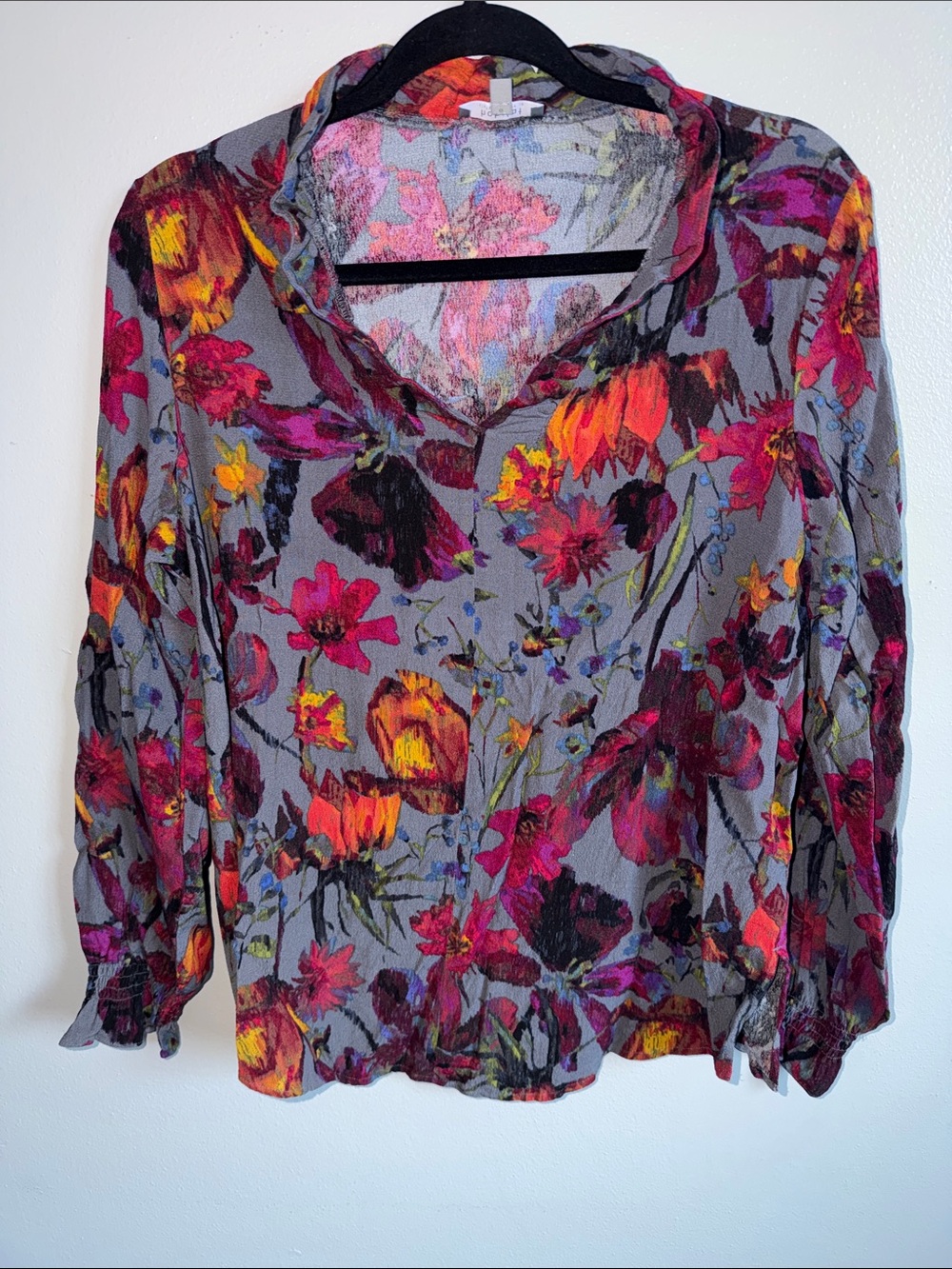 Habitat Gray Floral V-Neck Blouse with Multicolor Blooms Size L